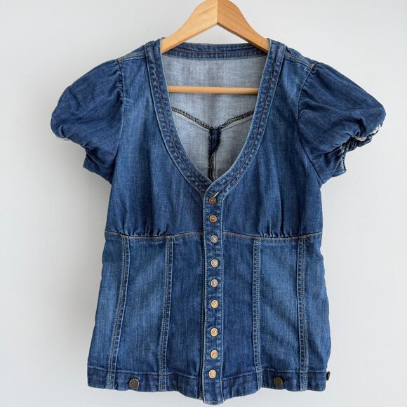 bebe Tops - Bebe Y2K Denim Top Small Puff Sleeve Babydoll Cotton Corset Style Cottage Wester